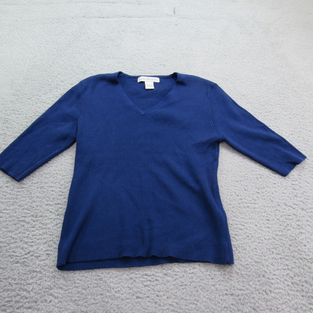 Linda Matthews XL Blue Ribbed Knit Top V-Neck 3/4 Sleeve Cotton Casual Classic‎